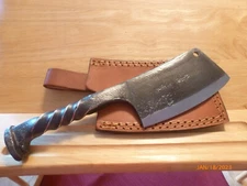 Railroad Spike Meat Cleaver with Heavy-Duty Brown Leather Belt Sheath - New