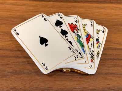 Limoges France Peint Main Trinket Box Playing Cards Royal Flush Gambler Poker