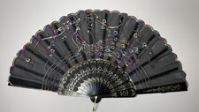 Vintage Asian Hand Fan Black and Gold with Fabric Peacock 9  