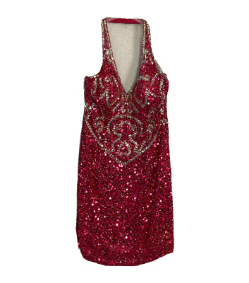 VTG Dress Hot Pink Sequin Halter 100% Silk Size 12 Lined Built In Bra Line  Night | eBay