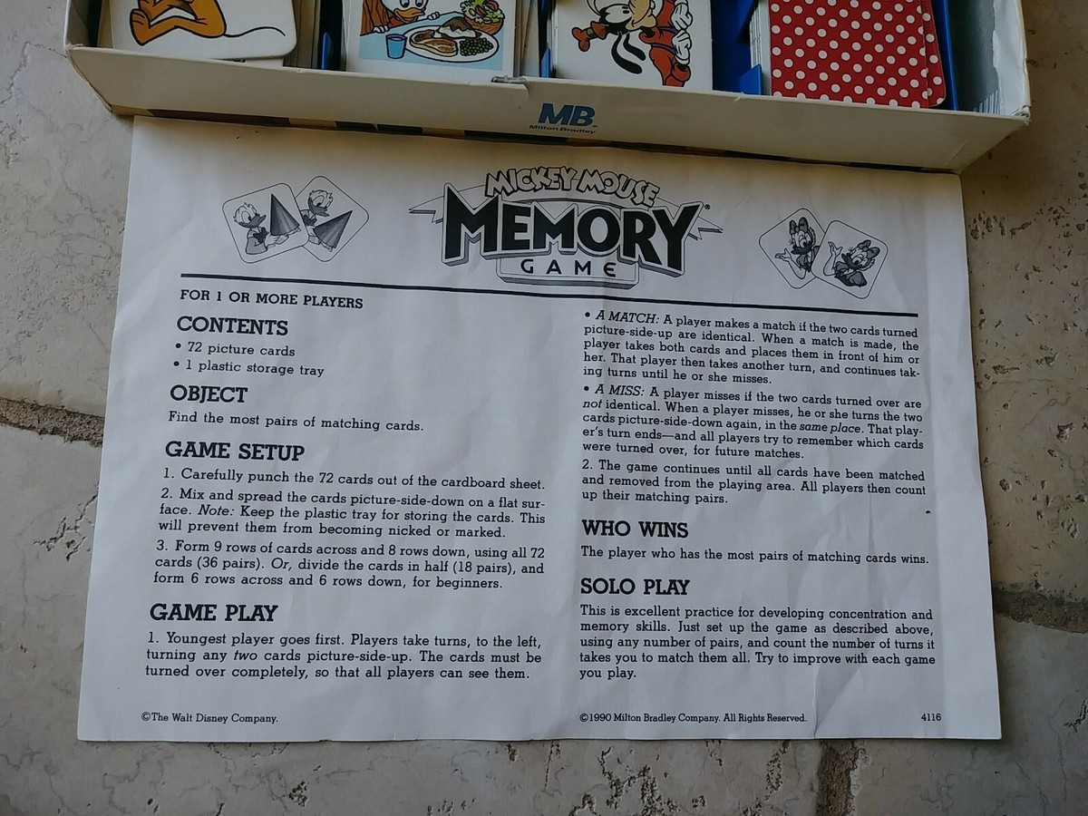 Memory Game Mickey Mouse Vintage Game Milton Bradley 1990 72 Cards