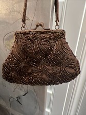 Vintage Cache Women's Brown Floral Beaded Clutch Purse Evening Bag - READ