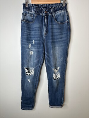 Risen Los Angeles Womens Jeans Elastic Waist 80s Y2K Distressed Denim Blue Sz 27