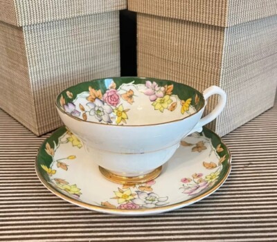 Stanley Fine Bone China Tea Cup Saucer Green w Fall Florals Gold Trim 
