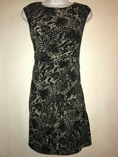 ANN TAYLOR 2 Black Beige Reptile Print Professional Ruched Sheath Slimming Dress