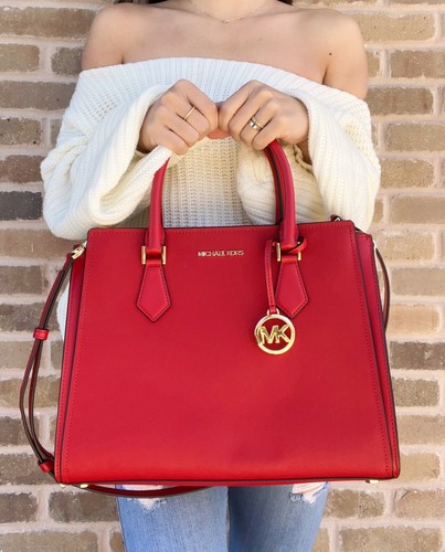 Michael Kors Hope Saffiano Leather Large Satchel Messenger Bag Flame Red - Picture 1 of 4