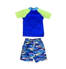 Lands End Boys XS 4-5 Swimsuit Top Bottoms Set Blue Yellow Sharks