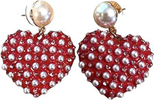 NEW BETSEY JOHNSON RED HEART PUFF,PEARLS,CRYSTALS, DANGLE EARRINGS
