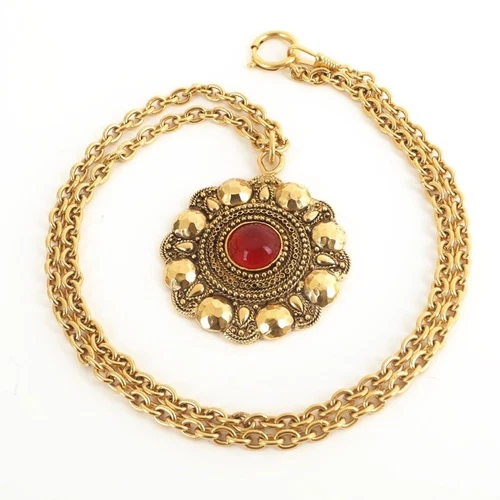 Vintage Chanel Gripoix Red Orange Glass Floral Pendant Necklace Long Chain