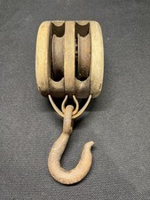 Vintage Wooden Double Block & Tackle Pulley & Iron Hook Farm Barn Nautical
