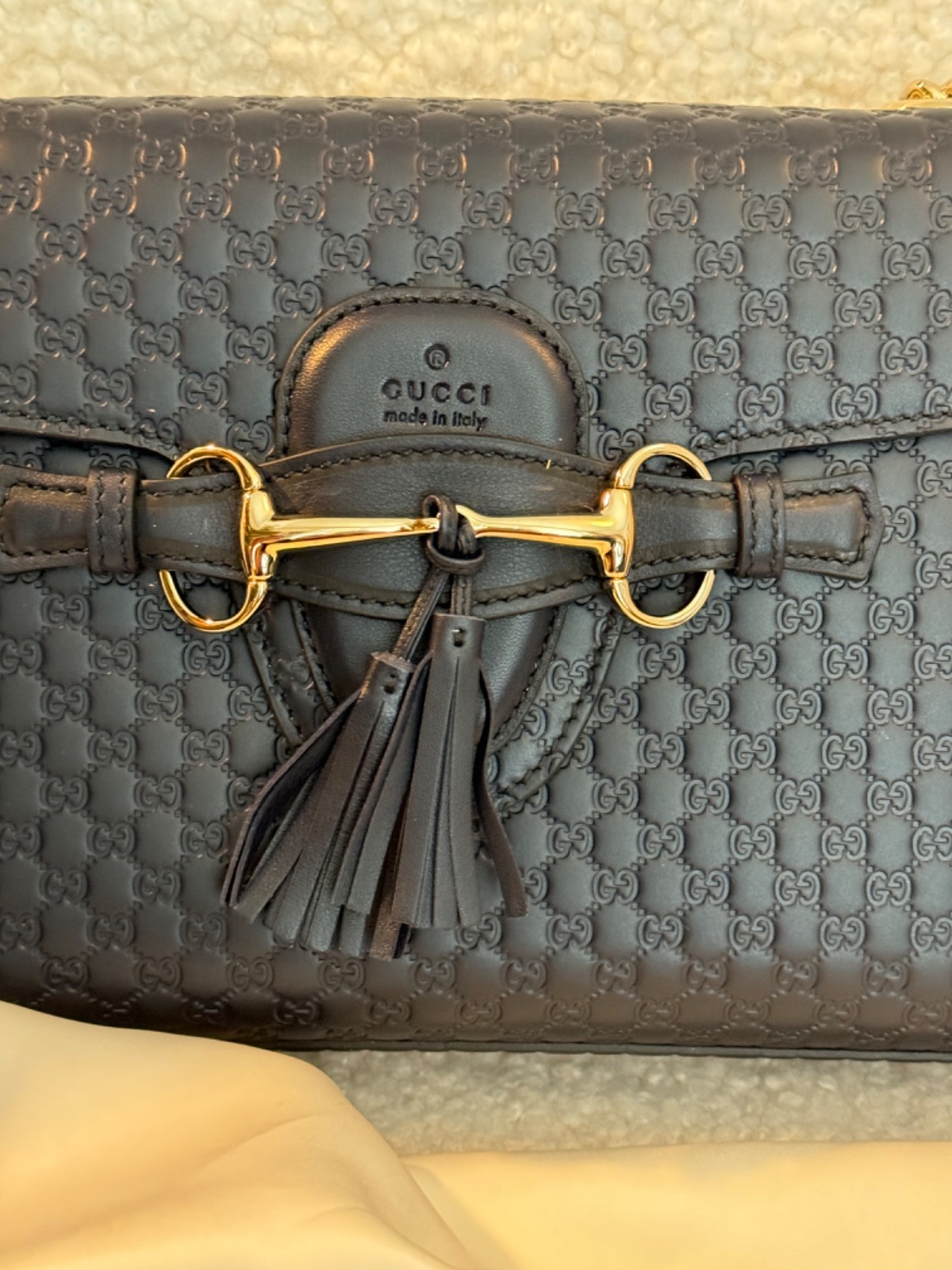 New Gucci Emily Guccissima GG Logo Black Leather Shoulder Bag Midnight Blue image 9