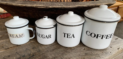 White Enamelware Metal COFFEE & TEA SUGAR CREAM Canister Container Farmhouse