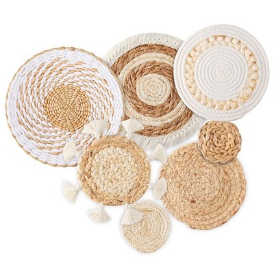 7 Pack Boho Wall Basket Decor - Seagrass Rattan Wicker Wall Decor Round Handm...