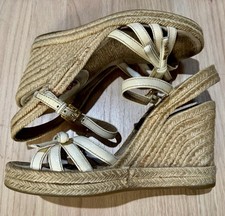 Prada Ivory Patent Leather Espadrille Sandals Wedge Heels 38 7.5 8