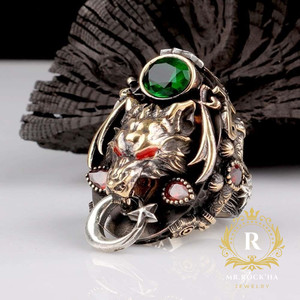 Authentic Relief Wolf And Sword Engraving,Gold Plated,Green Zircon,925 K Silver Men's Ring