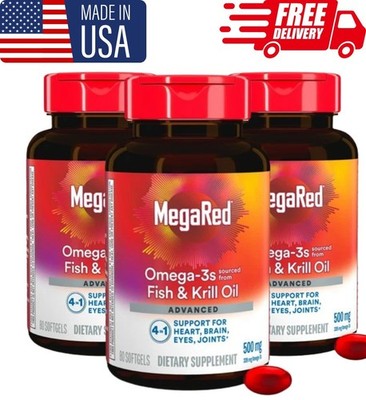 3 Pack MegaRed Advanced 4-in-1 Omega-3 500mg  80 Softgels  Heart & Joint Support