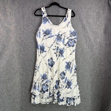 Floral Sleeveless Dress Women's L White Blue Cotton Viscose Tiered Ruffle Lined