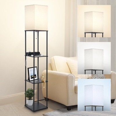 Floor Lamp with Shelves & Charging Station, Tall Bookshelf Floor Lamp with LE...