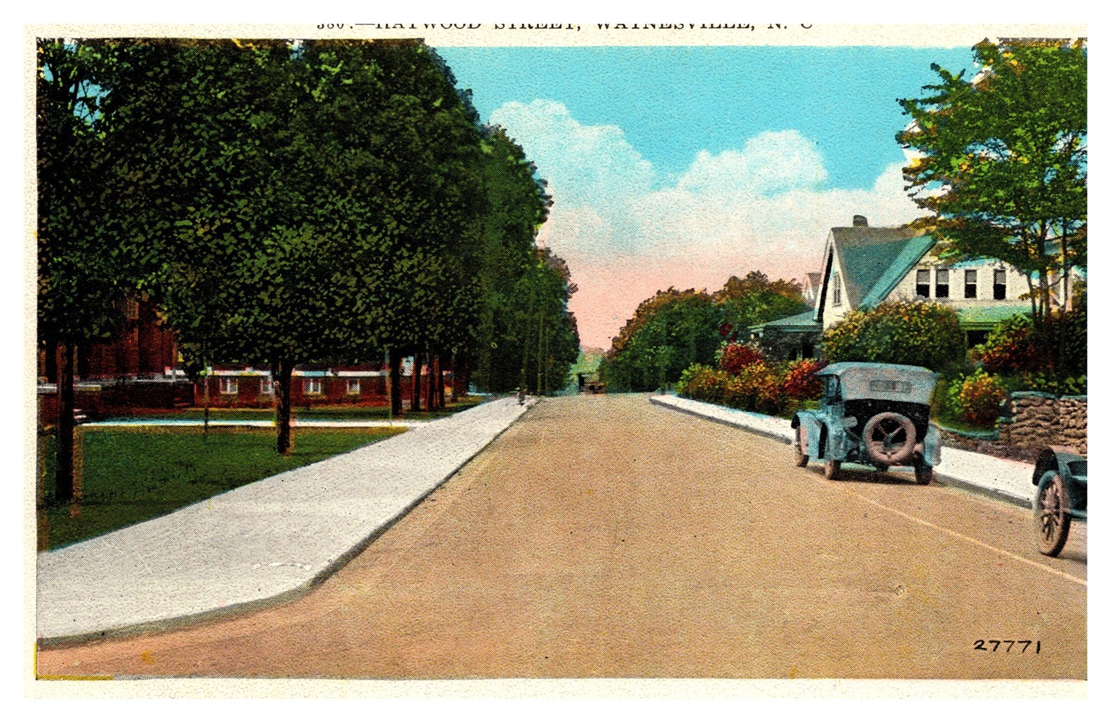 Haywood Street Residential Area Cars Waynesville NC Linen Postcard AG18