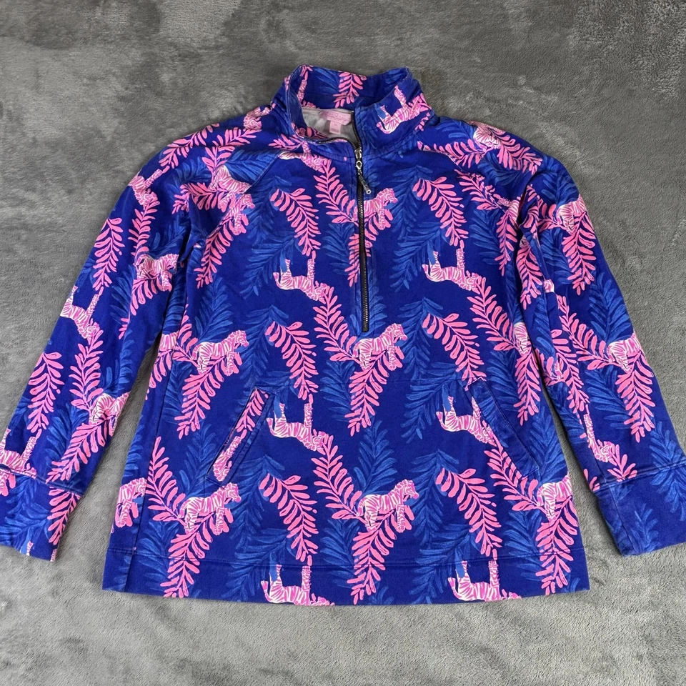 Pullover Lilly Pulitzer Mujer Medio Azul Rosa Patrón Popover Media Cremallera Cebra Foto 2 de 4