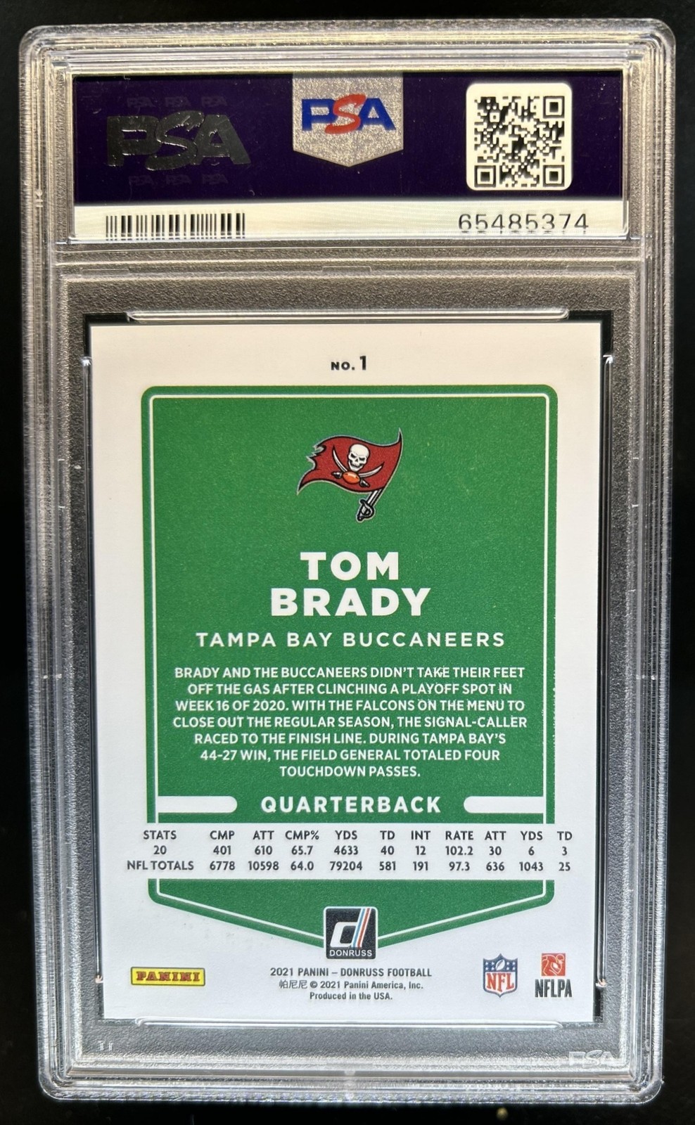 2021 Panini Donruss Tom Brady Press Proof Premium #1 Buccaneers PSA 10 GEM MINT view 2