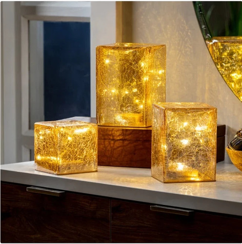 Evergreen Led Glass Cube Towers Gold Crackle Finish 3 Hand-Blown See Description