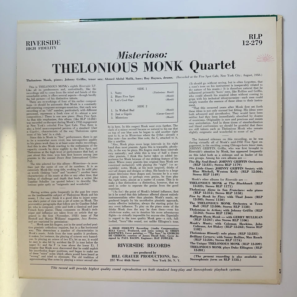 Misterioso Record Vinyl Thelonious Monk Riverside RLP 12-279 Mono Foto 2 de 4