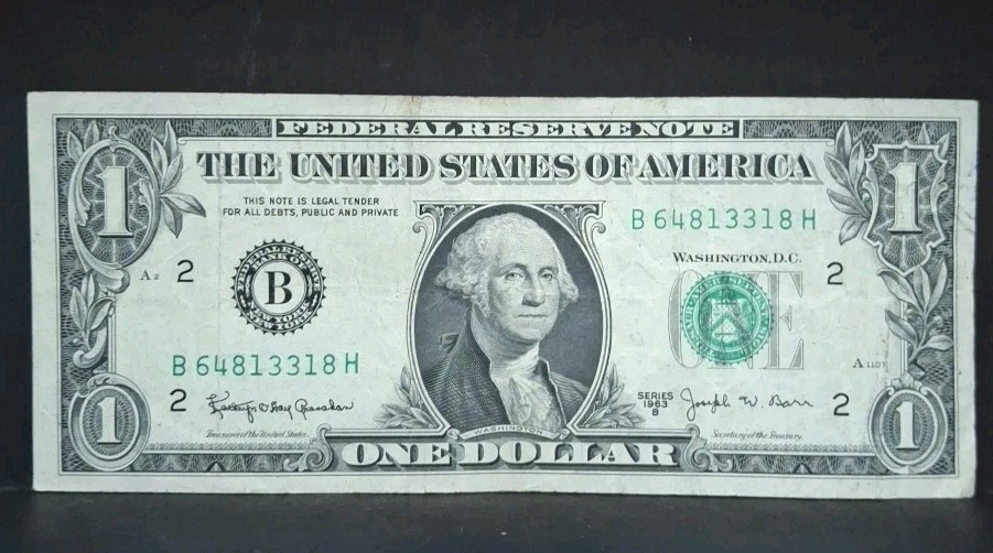 1963 B $1 Joseph Barr One Dollar Bill Federal Reserve Note New York 