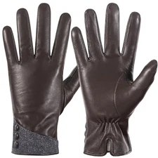 QOF Winter Genuine Leather Gloves for Women, Cashmere Warm Lined Medium Brown