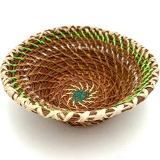 Handcrafted Woven 7" Pine Needle Rafia Coiled Basket MultiColored Woven Bowl