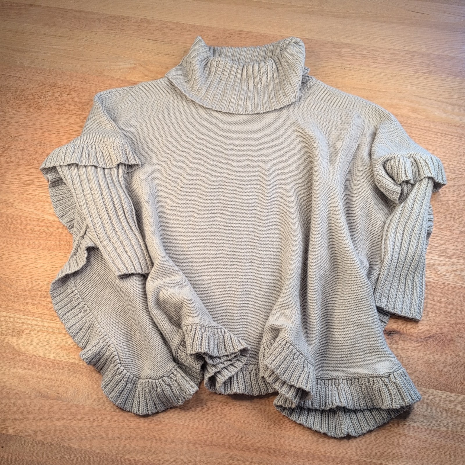 Alya Sweater Womens M/L Gray Cowl Neck Oversized Poncho Ruffle Hem Asymmetrical