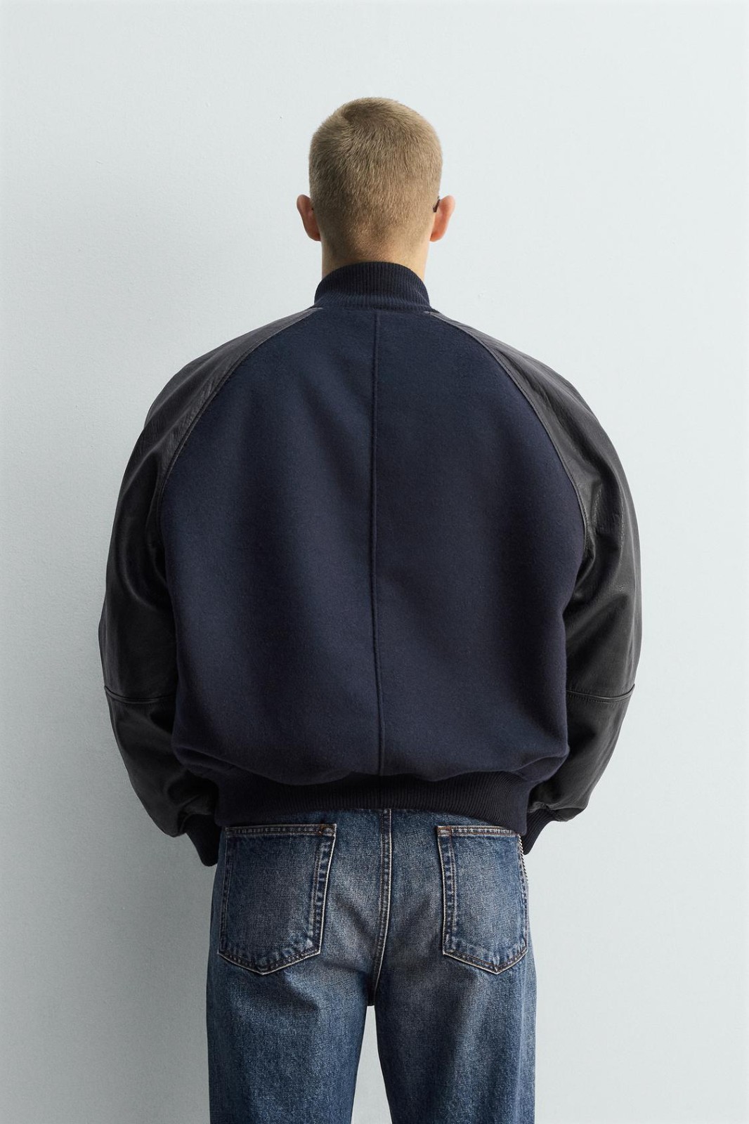 Zara Men's Leather & Wool Blend Bomber Jacket - Dark Navy M image 8