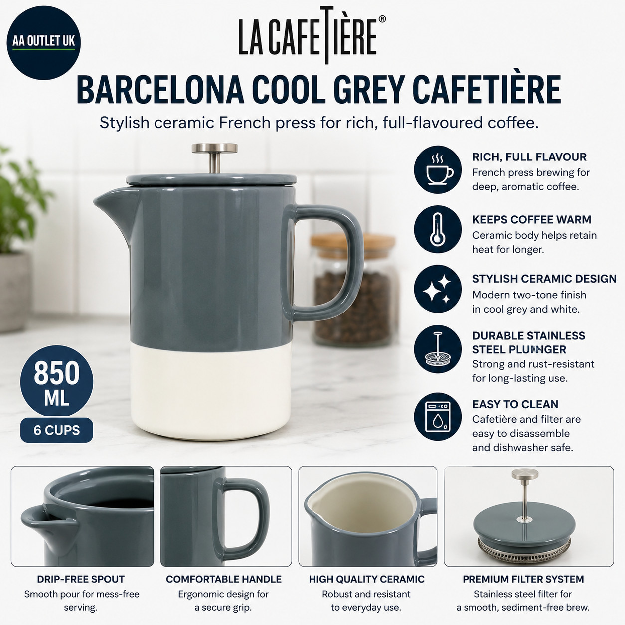 La Cafetiere Cool Grey Ceramic French Press Barcelona 850ml Reusable Filter