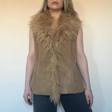 Vintage 00s tan brown afghan faux suede gilet with real mongolian wool trim
