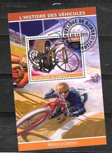 DJIBOUTI 2015 EARLY MOTORCYCLES CTO USED XF SOUVENIR SHEE T PICTORIAL STAMP