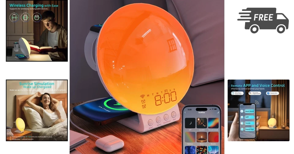 Sunrise Alarm Clock Wireless Charging Night Light Sound Machine Kids Adults - Image 2 of 4