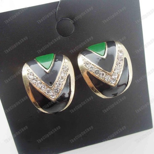 CLIP ON crystal&enamel GOLD FASHION huggie EARRINGS vintage art deco style - Picture 11 of 13