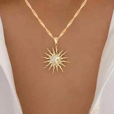 Bohemian Style Sun Pendant Necklace For Women with Crescent Moon Gemstone Accent