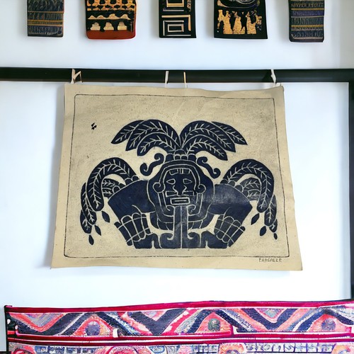 Vintage P. Argaez P. Ancient Aztec Art Bold Indigo Blue Depiction Ancient Motif - Picture 2 of 18