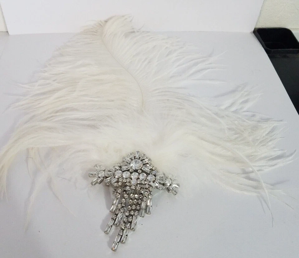 Vtg Ivory & White Feathers Cubic Zirconia Flower Design Dangle Barrette Wedding - Image 2 of 4