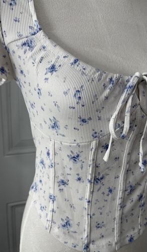 Just Polly White Blue Floral Milkmaid Crop Top Medium 90’s Faux Corset - Picture 5 of 12