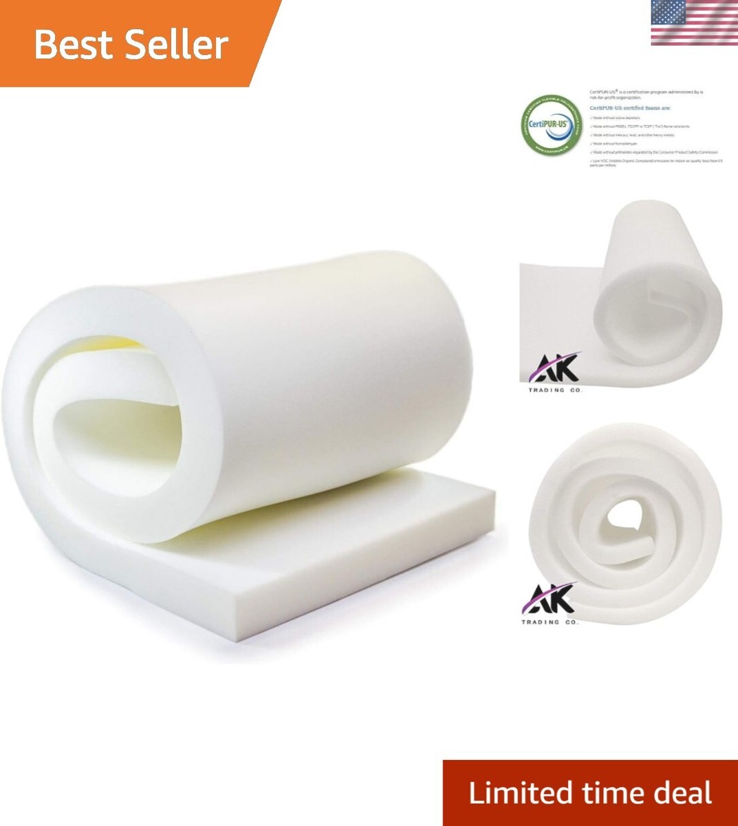 GoTo Foam Upholstery Cushion - 3"H X 18"W X 30"L, 44ILD Firm, Made In USA, Lasts 7-10 Years 6 thumbnail image