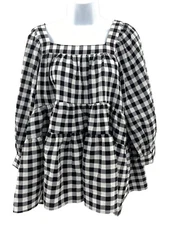 Entro Black and Off White Gingham Print Woven Top NWT Small Checker 3/4 Sleeve