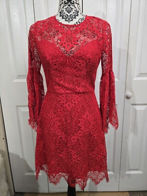 EUC Women's BCBGMAXAZRIA Red Lace A-line Bell Sleeve Lined