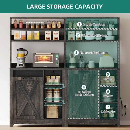 Bakers Rack Microwave Stand with Trash Can Storage Bin Cabinet and Power Outlet, - Picture 5 of 7