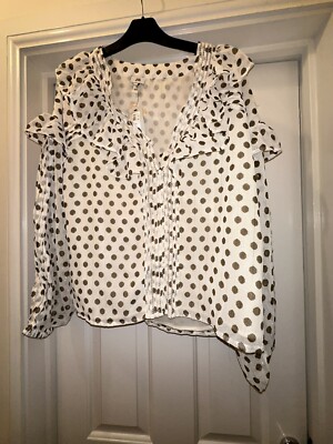 river island WHITE BROWN POLKA DOT FRILL BLOUSE LONG SLEEVE size 12 BNWT  UK