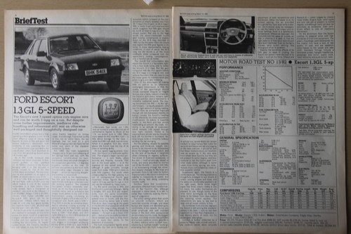 Original 1982 FORD ESCORT 1.3GL 5-speed Mk3 Motor mag road test No 1382 (folded)
