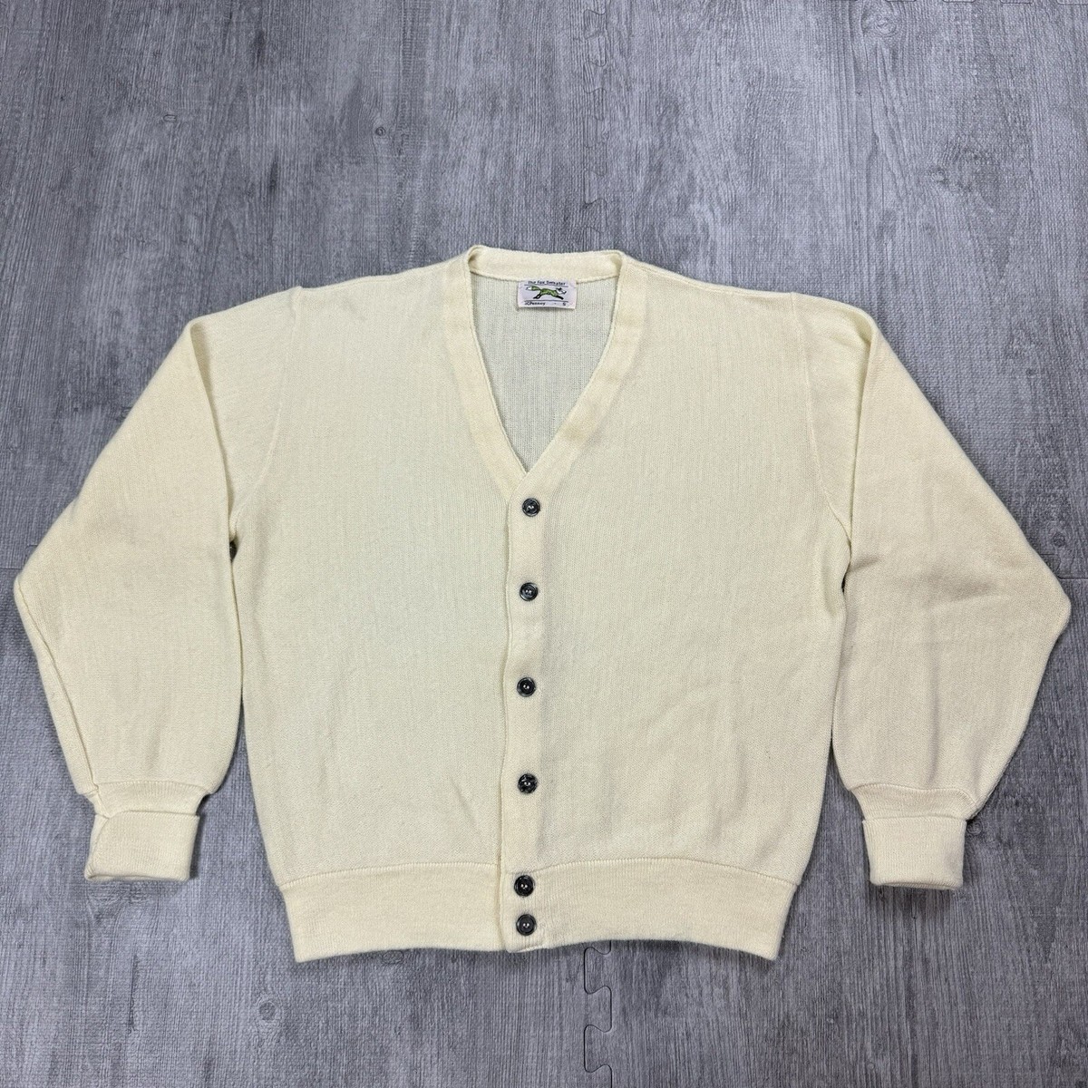 VTG JC PENNEY FOX SWEATER BUTTER YELLOW KNIT WOOL CARDIGAN BUTTON 
