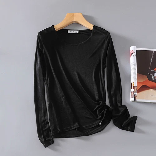 Women  Mulberry Silk Shirt Crew Neck Long Sleeve Bottoming Shirt Breathable Tops - Imagen 4 de 23