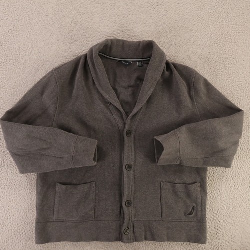 Nautica Cardigan Mens XL Gray 100% Cotton Pockets Shawl Neck Sweater Button Up